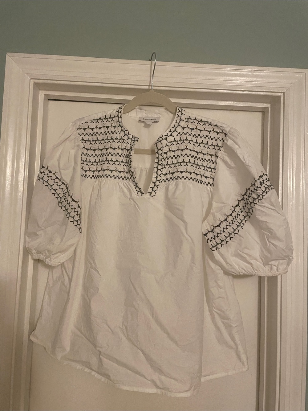 White Peasant Tunic with Black Embroidered Yoke
